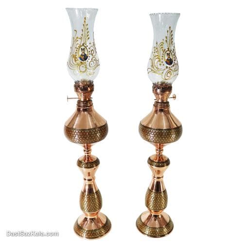 چراغ گرد سوز مسی خاتم کاری شده طرح ناصر الدین شاه کد MJ-113