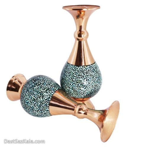 گلدان مسی فیروزه کاری 16 سانتی مجموعه ی 2 عددی کد MJ-59