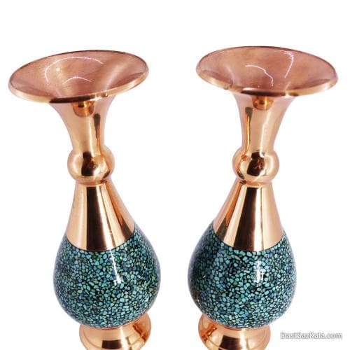 گلدان مسی فیروزه کاری 16 سانتی مجموعه ی 2 عددی کد MJ-59