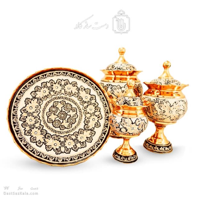 سرویس پذیرایی مسی طرح الماس تراش نقره کوب 4 تیکه کد MJ-133