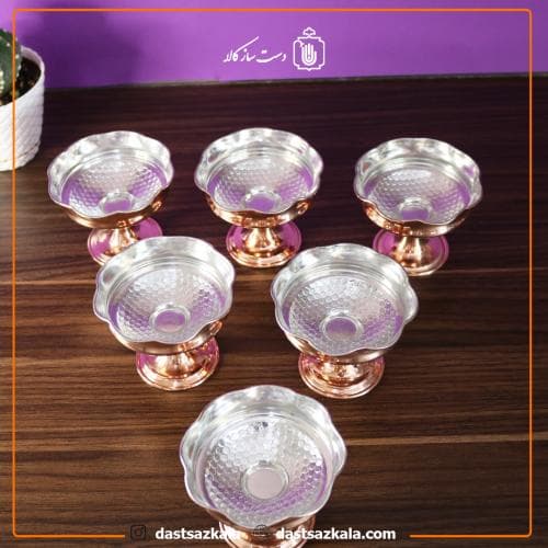 بستنی خوری مسی زنجان پایه دار مجموعه 6 عددی کد PA-48