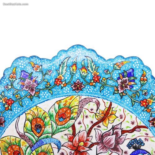 بشقاب دیوارکوب میناکاری 30 سانتی با نقاشی گل و طاوس کد LT-61