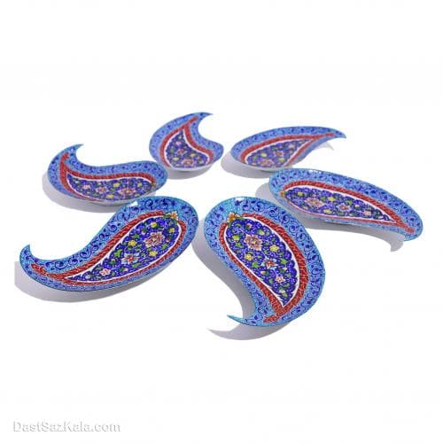 ست بشقاب میناکاری مسی طرح بته جقه 5 تایی پایه دار کد LT-14