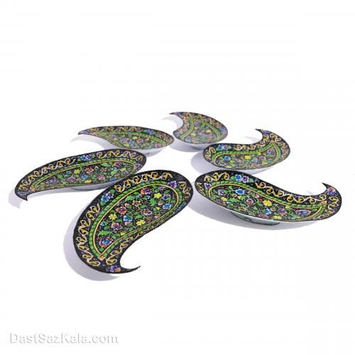 ست بشقاب میناکاری شده مسی طرح بته جقه مشکی 5 عددی LT-15