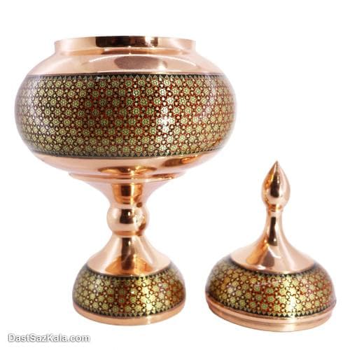 شکلات خوری خاتم کاری مسی پایه دار 30 سانتی قرمز کد MJ-65