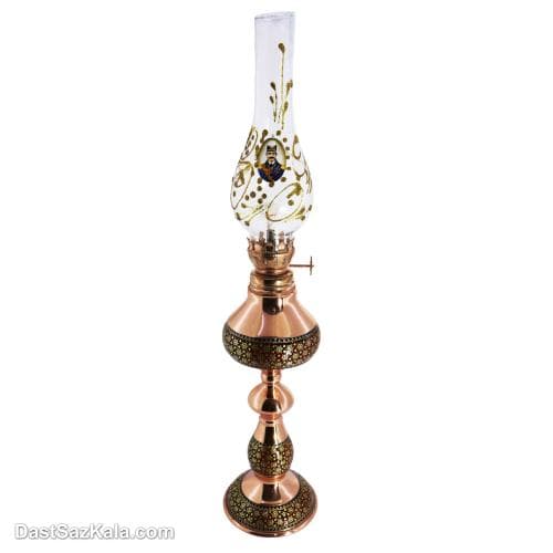 چراغ گرد سوز مسی خاتم کاری شده 25 سانتی 2 عددی کد MJ-96