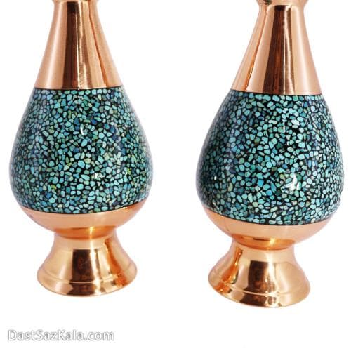 گلدان مسی فیروزه کاری 16 سانتی مجموعه ی 2 عددی کد MJ-59