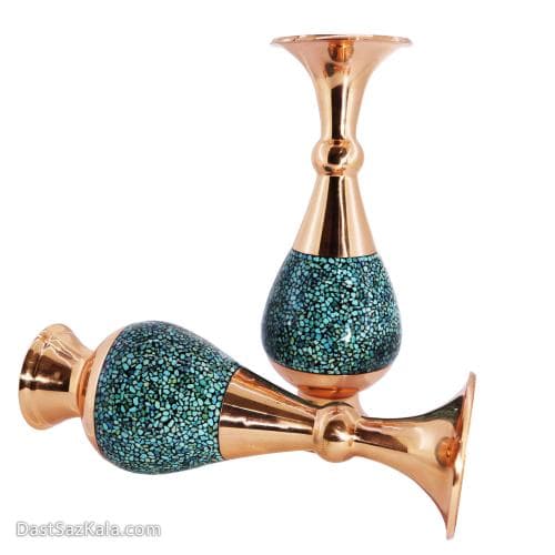 گلدان مسی فیروزه کوبی شده 20 سانتی مجموعه ی 2 عددی کد MJ-60