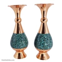 گلدان مسی فیروزه کوبی شده 20 سانتی مجموعه ی 2 عددی کد MJ-60